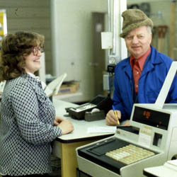 Del. Bob Benjamin Pays for Farm Supplies at <br />Swift Current Farm Service Centre, [1980]