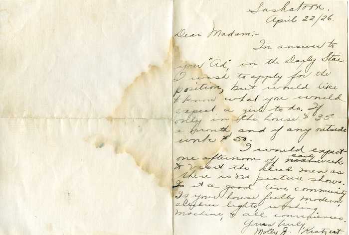 Letter to Mrs. Hanson, Clavet, in Response to a Help Wanted Advertisement