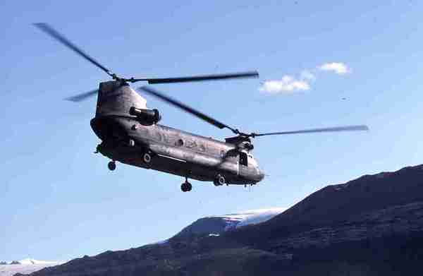 Hercules military helicopter in flight.