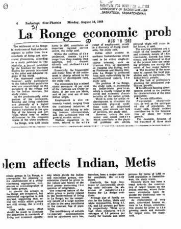 La Ronge economic problem affects Indian, Metis. - Newspaper clipping.