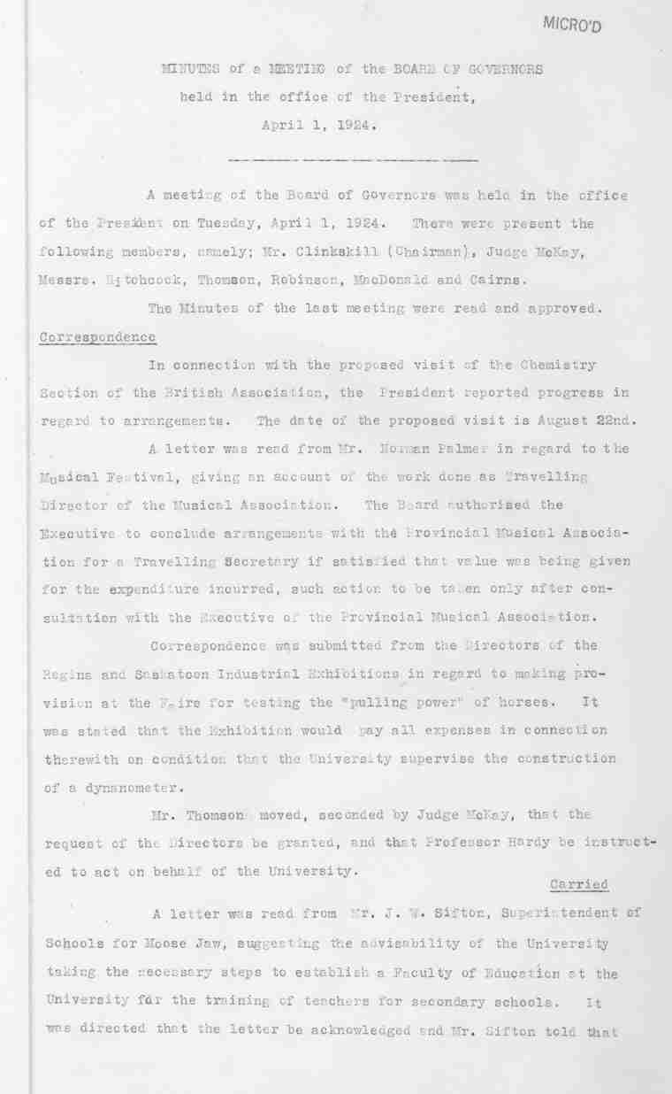 Board of Governors Minutes - 1 April 1924