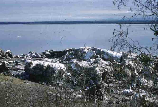 Large blocks of ice left after break-up on shores of Mackenzie R.
