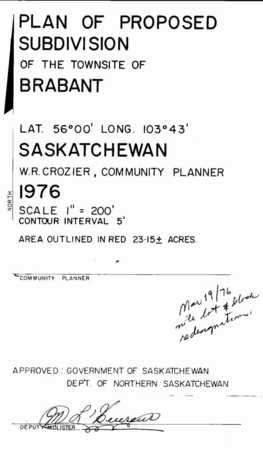 Department of Northern Saskatchewan Community Planning Map of Plan of Proposed Subdivision of the Townsite of  Brabant Lake, [SK].
