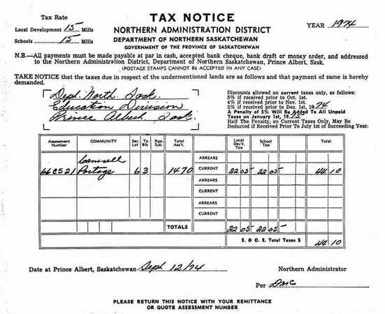 Tax Notice for Dept. North. Sask. Education Division, Prince Albert, 1974.