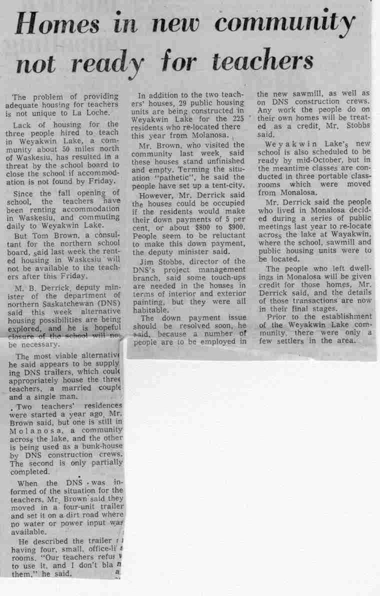 Homes in new community not ready for teachers. - Newspaper clipping.